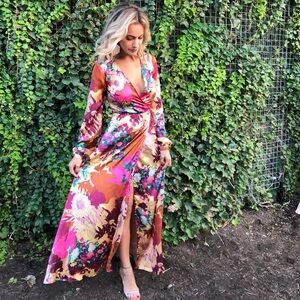 Lulus Floral Satin Long Sleeve Wrap Dress XS